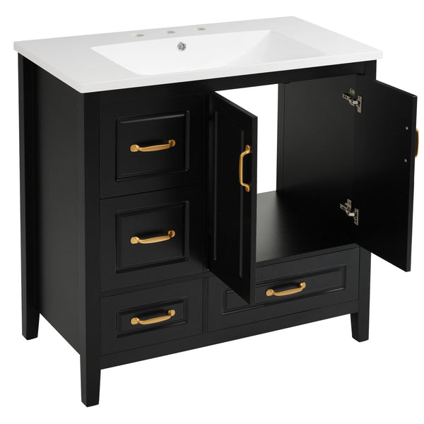 English Elm Christopher Knight Home® - 36" Freestanding Bathroom Vanity with Resin Sink, Soft-Close Doors & Drawers, Gold Alloy Handles, Spacious Storage and Easy Plumbing Access Black N759P292552B