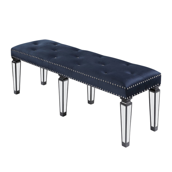 English Elm Dark Navy Velvet Tufted Bench with Mirrored Inlay Legs, Nailhead Trim & Plush Seat for Entryway B062P186458