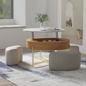 English Elm Vita Modern 31.5" Round Lift-Top Coffee Table Set with Iron Legs and Storage Shelves, Stylish Brown B341S00044