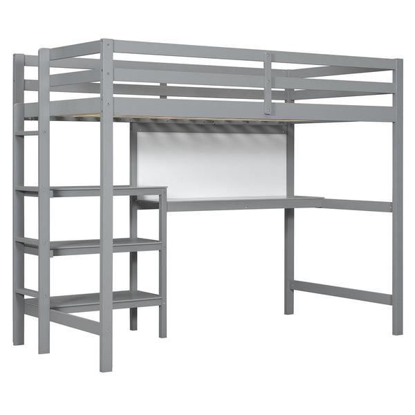 English Elm Twin Loft Bed with Built-in Desk Shelving and Dry-erase Board for Kids Rooms Gray LT100320AAE