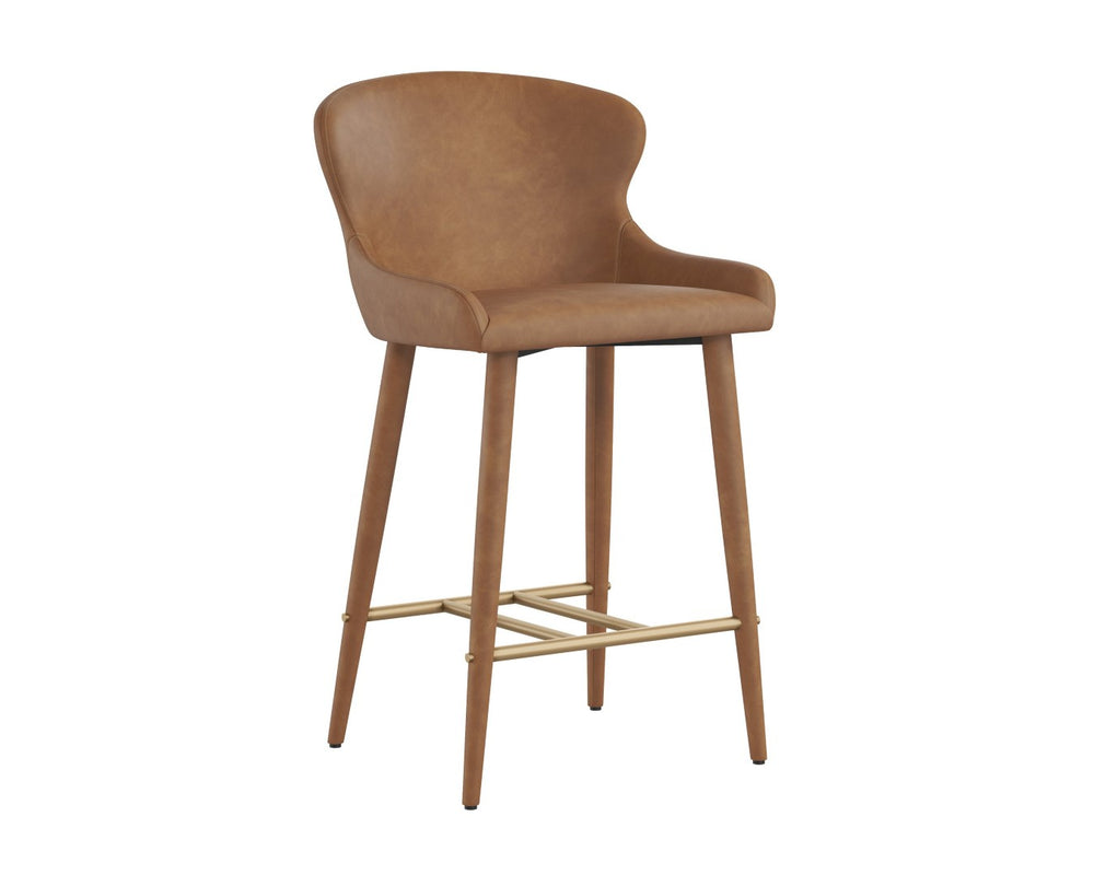 Sunpan EVORA Counter Stool - Modern Milliken Cognac Faux Leather with Sleek Metal Legs for Stylish Comfort 112404