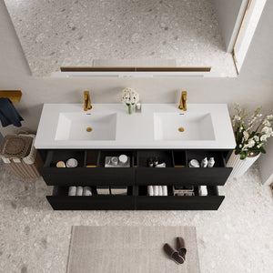 English Elm 72'' Floating Double Vanity Smoked Walnut Fluted Mdf Cabinet with Quartz Basins Espresso+White W1920P385563