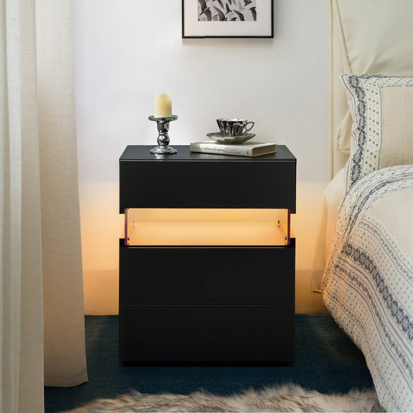 English Elm Led Nightstand with Rgb Acrylic Glow Panel Three Drawers Walnut Bedroom Table Black W2178P412306
