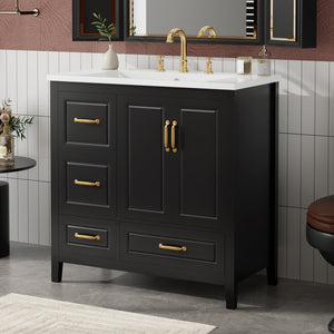 English Elm Christopher Knight Home® - 36" Freestanding Bathroom Vanity with Resin Sink, Soft-Close Doors & Drawers, Gold Alloy Handles, Spacious Storage and Easy Plumbing Access Black N759P292552B