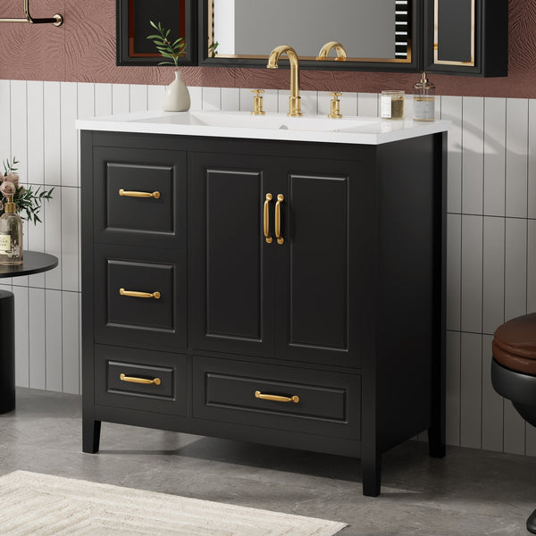 English Elm Christopher Knight Home® - 36" Freestanding Bathroom Vanity with Resin Sink, Soft-Close Doors & Drawers, Gold Alloy Handles, Spacious Storage and Easy Plumbing Access Black N759P292552B
