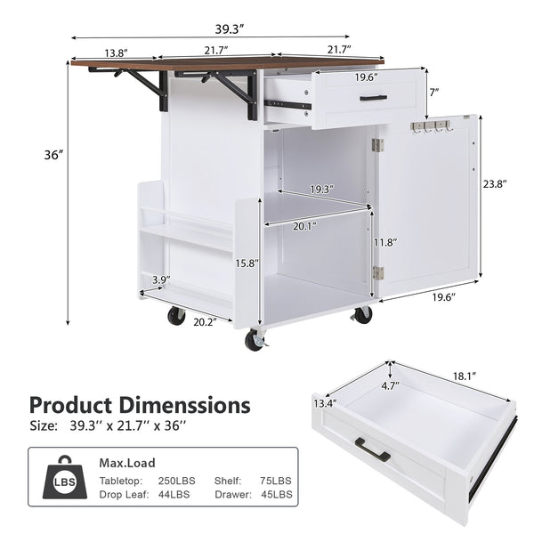 English Elm K&k Farmhouse Rolling Kitchen Cart with Drop Leaf Drawer Open Rack Lockable Wheels White N707P404539W