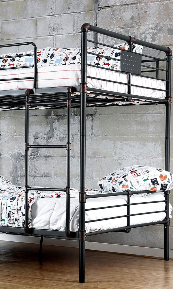 English Elm Full Industrial Metal Bunk Bed - Sturdy Full Over Full Design, Antique Black Finish, Safe & Stylish B2741S00373