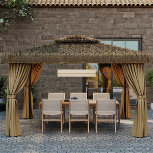 English Elm Outdoor Hawaiian Tiki Gazebo with Pe Thatch Roof Aluminum Frame and Mosquito Net T3963S00001