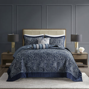 English Elm 5 Piece Aubrey Reversible Jacquard Bedspread Set King with Paisley Motif, Gold Sheen, Quilted Elegance Navy 22.83 L x 18.11 W x 7.48 H B03597644