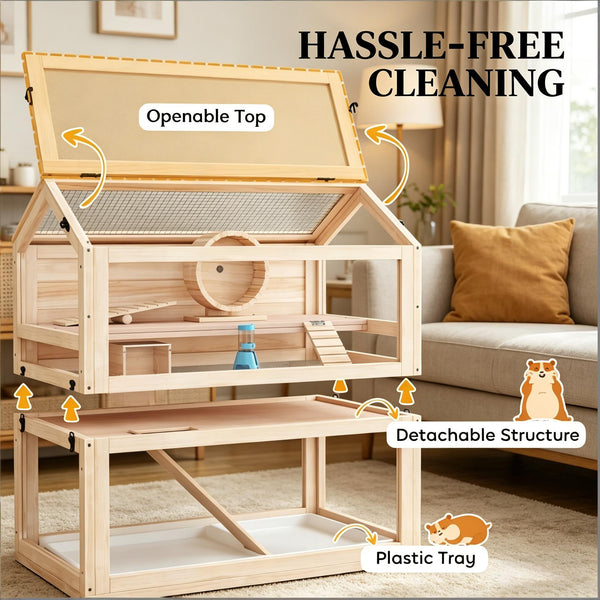 English Elm Spacious Three Tier Fir Wood Hamster Habitat with Acrylic Panels and Climbing Ramps T3971P502069
