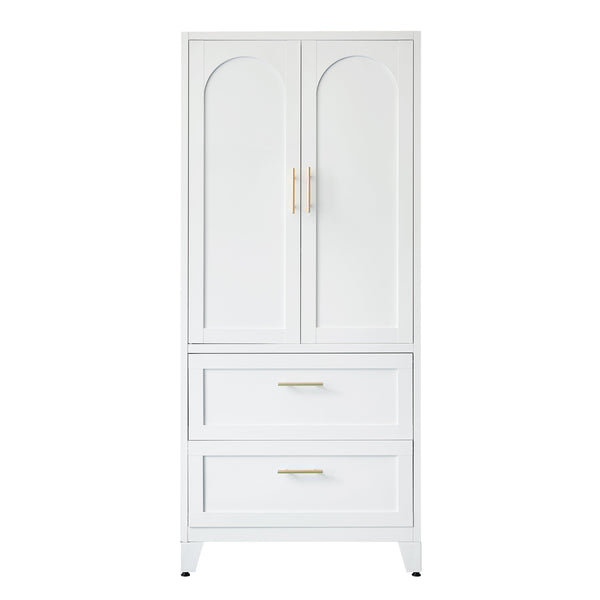 English Elm 71" Tall Metal Wardrobe Cabinet with 2 Drawers, Adjustable Shelf & Hanging Rod — Space-Saving White Closet Organizer W3387P351602