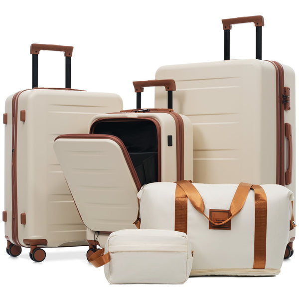 English Elm Luggage 5 Piece Hardside Abs Set with Front Access Carry on and Tsa Spinner Wheels Brown+White N732P391544K