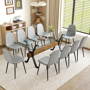 English Elm Table Set With 10 Light Gray Linen Chairs – Modern Glass Top & Durable Metal Frame For Dining Rooms W1151S03606-GIGA