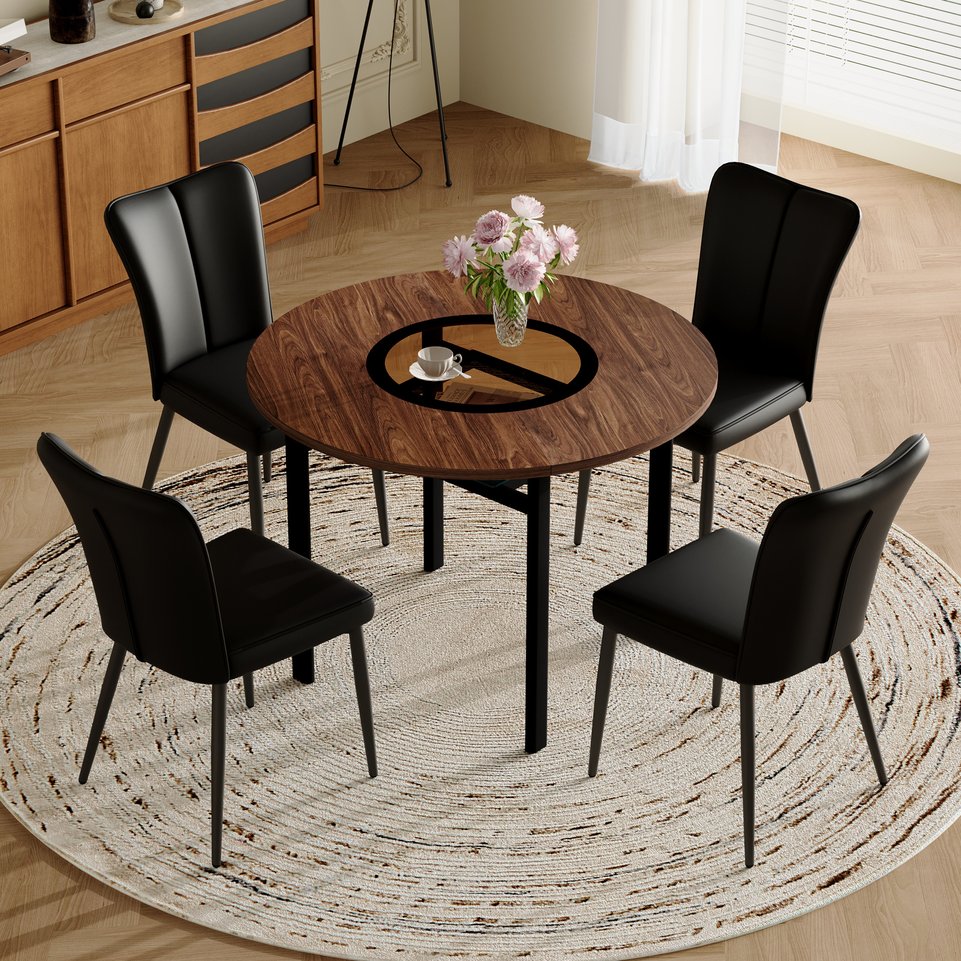 English Elm Table Set 42 Inch Round Wood Grain Top Glass Inlay with 4 Pu Leather Dining Chairs Brown+Black W1151S04495