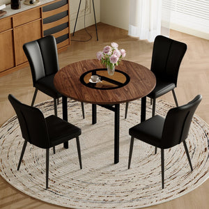 English Elm Table Set 42 Inch Round Wood Grain Top Glass Inlay with 4 Pu Leather Dining Chairs Brown+Black W1151S04495
