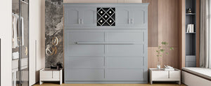 English Elm Queen Murphy Wall Bed with Storage Cabinets and Wine Rack for Small Space Living Gray LP000879AAE-1