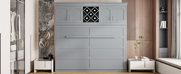 English Elm Queen Murphy Wall Bed with Storage Cabinets and Wine Rack for Small Space Living Gray LP000879AAE-1