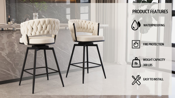 English Elm 26" Bar Chair Suede Woven Bar Stool Set of 2 with 360° Swivel, Plush Technical Leather, Sturdy Metal Base White W2189P180368
