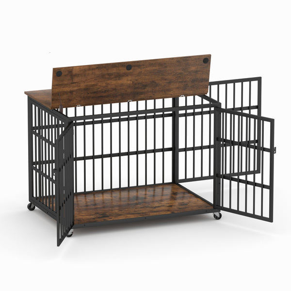 English Elm Furniture style dog crate with sturdy steel frame, particle board top for 150lb storage, fits dogs up to 70lb Rustic Brown W1162119831