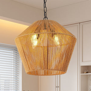 English Elm 17" Boho Hemp Rope Pendant Light - Handcrafted Farmhouse 4-Light Iron Fixture for Kitchen Island, Dining Room, Bedroom W1340P251924