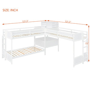 English Elm Twin L-shaped Bunk Bed Pine Wood Corner Design with Desk Drawers and Usb Charging White N820S00079K