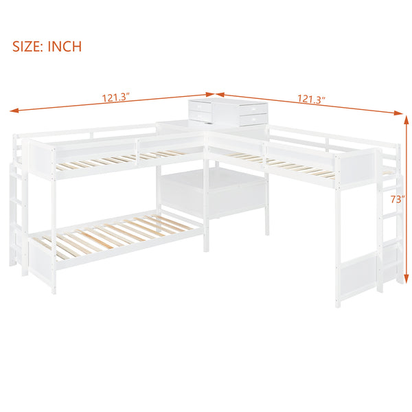 English Elm Twin L-shaped Bunk Bed Pine Wood Corner Design with Desk Drawers and Usb Charging White N820S00079K