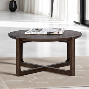 English Elm Transitional 36" Round Cocktail Table With Trestle Base In Wire-Brushed Dark Walnut Finish For Living Rooms B2741P404269-GIGA