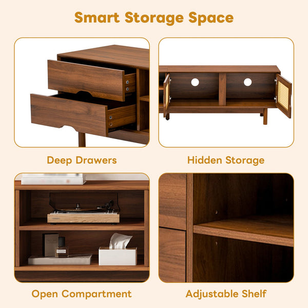English Elm 78 Inch Rattan Media Console with Rubberwood Legs Walnut Finish Living Room Storage N710P407810P