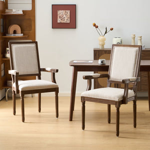 English Elm Christopher Knight Home® - Upholstered Dining Chairs Set of 2 in Beige with Walnut Rubber Wood Fluted Legs, Armrests, French-Country Elegance, Durable Fabric Seating N771P291405T