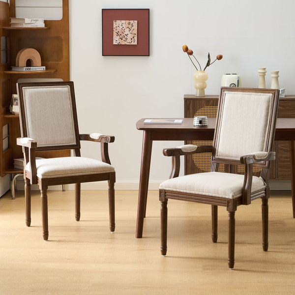 English Elm Christopher Knight Home® - Upholstered Dining Chairs Set of 2 in Beige with Walnut Rubber Wood Fluted Legs, Armrests, French-Country Elegance, Durable Fabric Seating N771P291405T