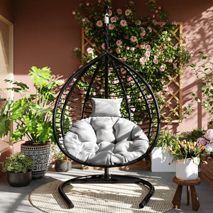 English Elm U_style Wicker Hanging Egg Chair with Stand Foldable Indoor Outdoor Swing Seat Black+ Gray N711P389502E