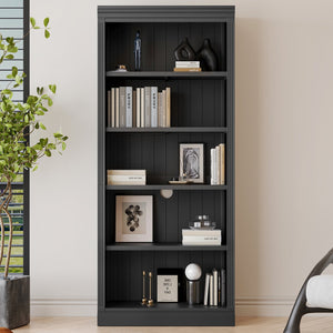 English Elm 83.4" Tall Wood Bookcase with LED Light Strip, 5-Tier Adjustable Shelves, Cable Hole, Modern Black Storage Organizer N751S246934B