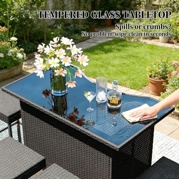 English Elm Bar Height Outdoor Wicker Patio Set with Tempered Glass Table and Four Stools Dark Brown T3971S00212