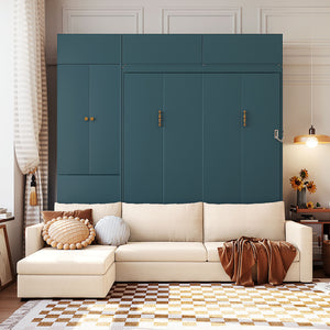 English Elm Queen Murphy Bed with L-shaped Velvet Sofa Storage Cabinets for Studio Living Green LP000765AAA-1