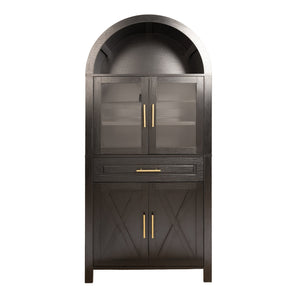 English Elm 71" Arched Glass Barn Door Pantry Cabinet Farmhouse Mdf Storage for Kitchen Dining Black W2917S00016