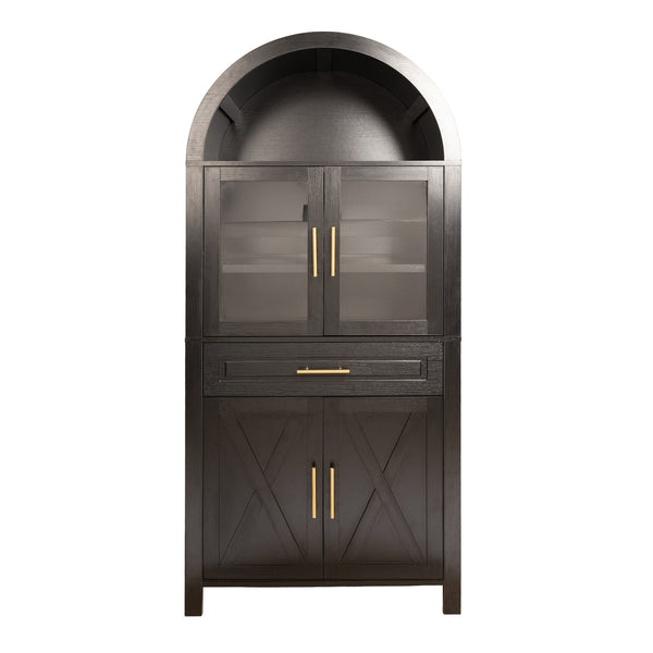 English Elm 71" Arched Glass Barn Door Pantry Cabinet Farmhouse Mdf Storage for Kitchen Dining Black W2917S00016