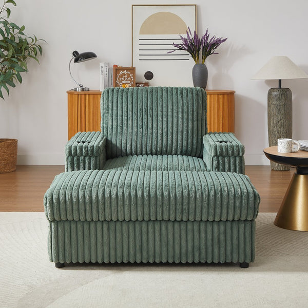 English Elm 42.5-inch corduroy single recliner with cup holder, storage ottoman, plush back pillow for lounging Green W834P375120