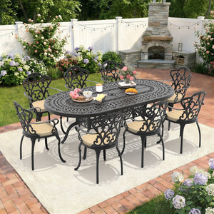 English Elm 9-piece Cast Aluminum Outdoor Dining Set Carved European Style Oval Table for 8 W1710S00659