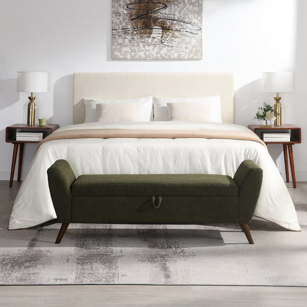 English Elm 60'' Upholstered Storage Bench Teddy Fabric Walnut Legs Mid-century Bedroom Seat Olive Green W2671P388094