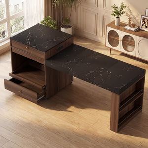 English Elm 78.8'' Fluted Rolling Kitchen Island with Extendable Dining Surface Built-in Power Mdf Walnut B2764S00002