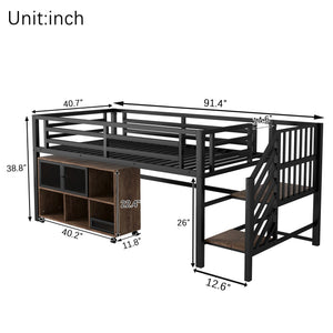English Elm Twin Metal Loft Bed with Stairs and Six Storage Cubbies, Sturdy Metal Slat Support, Safe Low Design for Kids Black 75.2 L x 17.72 W x 9.45 H W2593P305749
