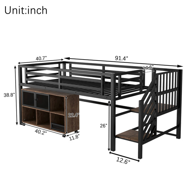 English Elm Twin Metal Loft Bed with Stairs and Six Storage Cubbies, Sturdy Metal Slat Support, Safe Low Design for Kids Black 75.2 L x 17.72 W x 9.45 H W2593P305749
