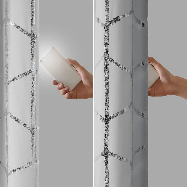 English Elm Total Blackout Metallic Raina Grommet Curtain Panel 50x84, Geometric Silver Print, Energy-Efficient 3-Pass Foamback Privacy Drapes B03596322