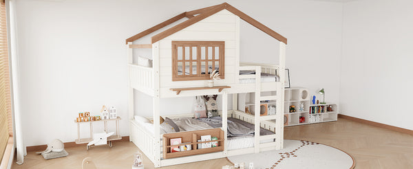 English Elm Full Bunk Bed with Trundle Bookshelf Storage Pine Frame Car Design for Kids Beige W1580S00523