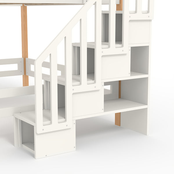 English Elm Twin Pine Wood Loft Bed with Built-in Shelving and Hook for Kids Bedroom W5305S00011