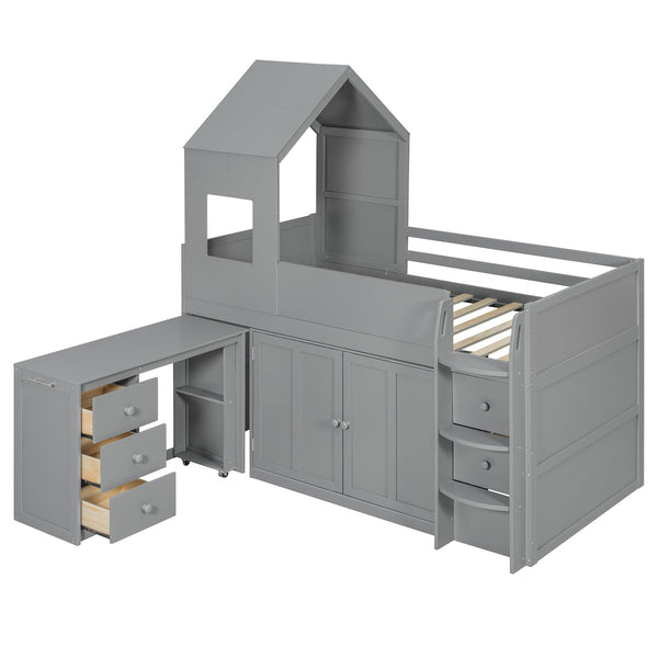 English Elm Twin House Loft Bed with Pull Out Rolling Desk Stair Drawers and Cabinet Storage Gray N820S00072E