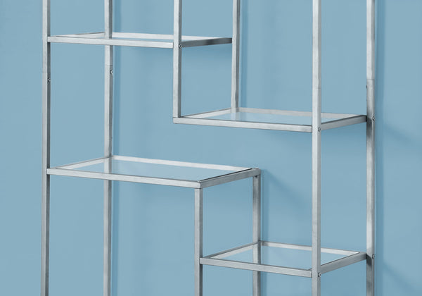 English Elm Bookshelf, 72" Tall Grey Metal Frame with 9 Clear Tempered Glass Shelves for Modern Living Spaces Silver 40 L x 14 W x 8 H B2710P219626