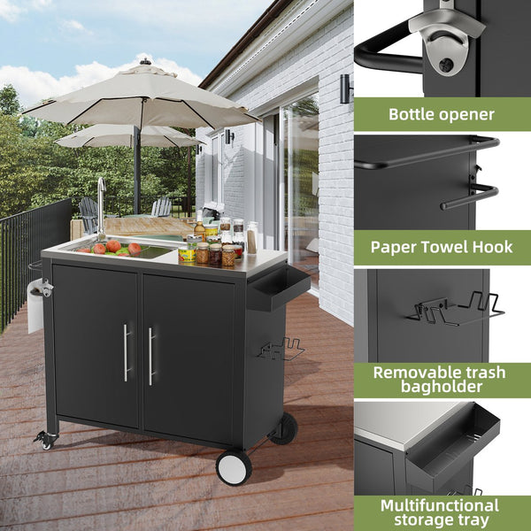 English Elm Outdoor Stainless Steel Grill Cart with Sink Cabinet and Lockable Swivel Wheels W3190P409412
