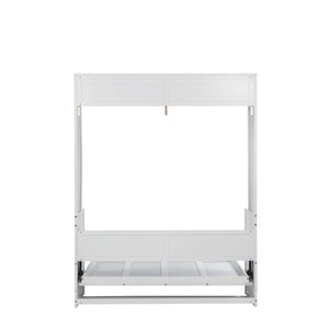 English Elm Queen Murphy Wall Bed with Integrated Desk Gas Strut Lift White Cabinet for Small Spaces W504S00282