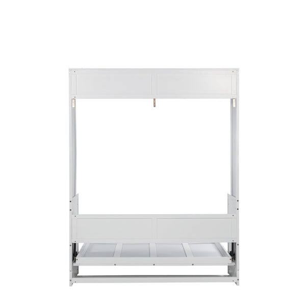 English Elm Queen Murphy Wall Bed with Integrated Desk Gas Strut Lift White Cabinet for Small Spaces W504S00282